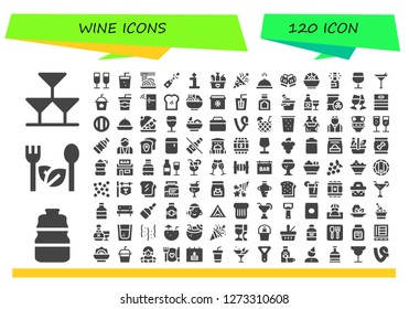  wine icon set. 120 filled wine icons. Simple modern icons about  - Drinks, Bottle, Salad, Champagne, Soda, Spaghetti, Birthday, Food, Confetti, Meal, Toast, Wine glass, Martini