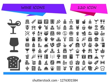  wine icon set. 120 filled wine icons. Simple modern icons about  - Cocktail, Toast, Wine glass, Bar, Champagne, Portable fridge, Restaurant, Tequila, Grapes, Soda, Drinks, Drink