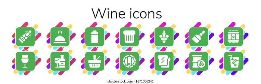 wine icon set. 14 filled wine icons. Included Champagne, Wine glass, Meal, bottle, Bottle, Picnic, Toast, Barrel, Grapes, Fermentation, Drink icons