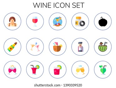 wine icon set. 15 flat wine icons.  Simple modern icons about  - waitress, champagne, wine glass, cocktail, coconut drink, bottles, barman, toast, Cocktail, cocktails, cheers