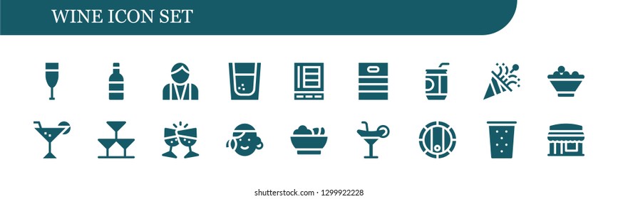  wine icon set. 18 filled wine icons.  Simple modern icons about  - Champagne, Wine, Bartender, Tequila, Refrigerator, Barrel, Soda, Confetti, Fruit bowl, Cocktail, Drinks, Toast