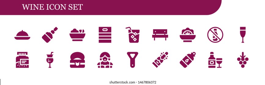wine icon set. 18 filled wine icons.  Simple modern icons about  - Food, Fermentation, Salad, Barrel, Drink, Picnic, No alcohol, Champagne, Bottle, Cocktail, Waitress, Bottle opener