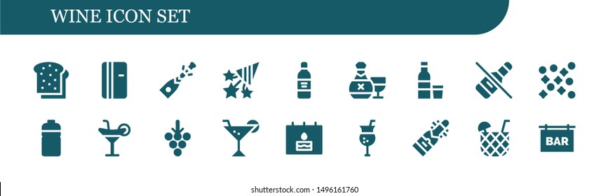 wine icon set. 18 filled wine icons.  Simple modern icons about  - Toast, Refrigerator, Champagne, Confetti, Wine bottle, Rum, Vodka, No alcohol, Bottle, Cocktail, Grapes, Birthday