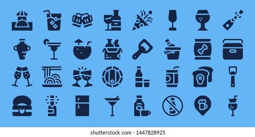 wine icon set. 32 filled wine icons. on blue background style Collection Of - Bar, Amphora, Champagne, Food, Drink, Cocktail, Spaghetti, Toast, Coconut water, Fridge, Wine bottle