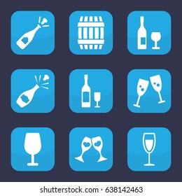 Wine icon. set of 9 filled wine icons such as barrel, cocktail, opened champagne, clink glasses, champagne