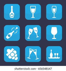Wine icon. set of 9 filled wine icons such as cocktail, grape, champagne bottle with heart, champagne