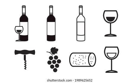 Wine Icon Set. Black and white wine related isolated illustrations