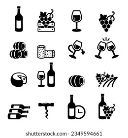 Wine icon set. Wine bottle, grapes, barrel, glass, corkscrew, sommelier, tasting, Vector winemaking collection