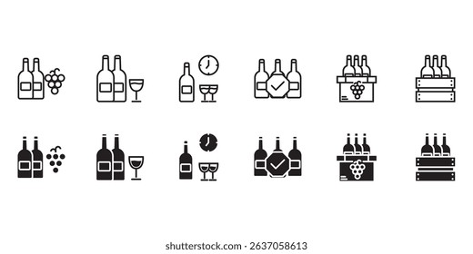 wine icon set. wine bottles. alcohol. beer glasses