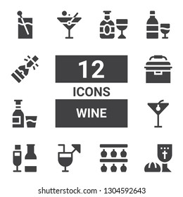wine icon set. Collection of 12 filled wine icons included Last supper, Bottle rack, Cocktails, Champagne, Cocktail, Alcohol, Portable fridge, Martini, Wine