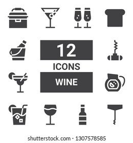 wine icon set. Collection of 12 filled wine icons included Corkscrew, Wine, Drink, Sangria, Cocktail, Bottle opener, Toast, Ice bucket, Portable fridge, Champagne