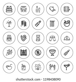 Wine icon set. collection of 25 outline wine icons with bar, barrel, birthday party, champagne, cocktail, coconut drink, confetti, food, juice, no drink icons. editable icons.