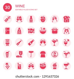 wine icon set. Collection of 30 filled wine icons included Champagne, Cheers, Tequila, French, Toast, Fridge, Food, Cocktail, Drink, Last supper, Corkscrew, Cork, No drink, Cocktails