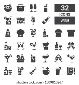 wine icon set. Collection of 32 filled wine icons included Recipe, Beverage, Cocktail, Champagne, Wine, Toast, Food, Picnic, Alcohol, Cork, Tequila, Juice, Chef, Drink, Fridge