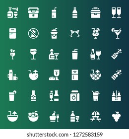 wine icon set. Collection of 36 filled wine icons included Grape, Picnic, Wine, Ice bucket, Coconut drink, Cocktail, Vinegar, Drink, Juice, Champagne, Tequila, Beverage, Refrigerator