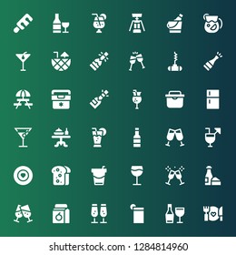 wine icon set. Collection of 36 filled wine icons included Food, Wine, Drink, Champagne, Juice, Cheers, Toast, Beverage, Cocktails, Cocktail, Dinner table, Fridge, Picnic, Bottle opener