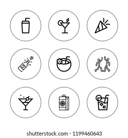 Wine icon set. collection of 9 outline wine icons with champagne, cocktail, coconut drink, confetti, drink, juice, martini icons. editable icons.