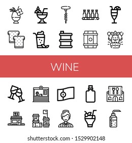 wine icon set. Collection of Cocktail, Toast, Corkscrew, Barrel, Bottle, Birthday, Restaurant, Barrels, Portugal, Catering, Alcohol icons