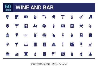 Wine icon set. Containing wine bottle, wine glass, grape and more, filled icon set, solid icon set. Glyph icon set for web and ui. Editable stroke. Vector illustration.