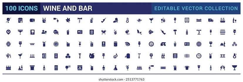 Wine icon set. Containing wine bottle, wine glass, grape and more, filled icon set, solid icon set. Glyph icon set for web and ui. Editable stroke. Vector illustration.