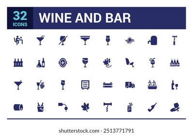 Wine icon set. Containing wine bottle, wine glass, grape and more, filled icon set, solid icon set. Glyph icon set for web and ui. Editable stroke. Vector illustration.