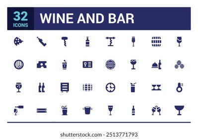 Wine icon set. Containing wine bottle, wine glass, grape and more, filled icon set, solid icon set. Glyph icon set for web and ui. Editable stroke. Vector illustration.