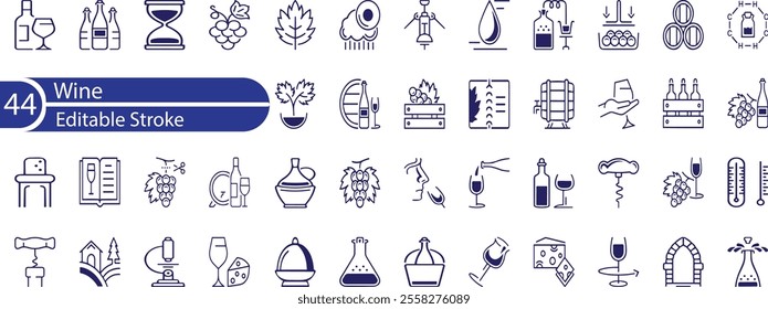 Wine icon set. Containing wine bottle, wine glass, grape, corkscrew, vineyard, barrel and winery icons.