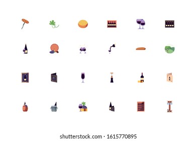 Wine icon set design of Winery alcohol drink beverage restaurant celebration and party theme Vector illustration