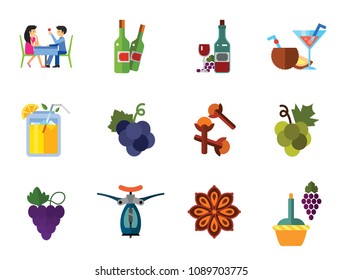 Wine Icon Set. Dinner Summer Cocktails Bunch Of Grapes Bottle Of Wine And Glass Lemonade Cloves Grapes Wooden Barrel Bottle Opener Green Grapes Wine Bottles Cinnamon Bottle And Grapes Bunch