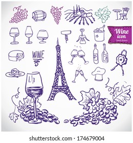 Wine Icon Set, Doodle Illustration, Hand Drawn Design Element Isolated