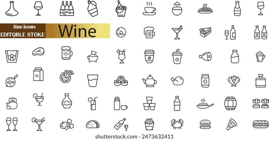 Wine icon set with editable stroke and white background