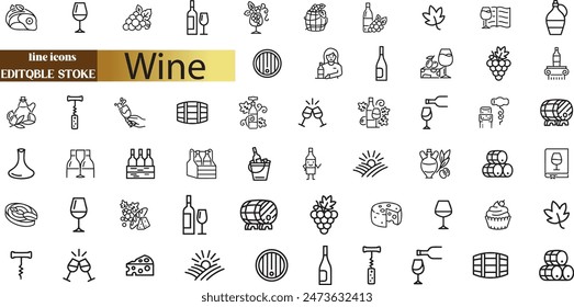 Wine icon set with editable stroke and white background