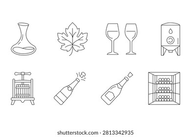 Wine icon set featuring decanter leaf glasses tank press popping bottles and storage rack elements.