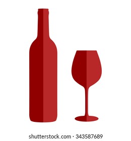 Wine icon set flat style isolated on white background.Wedding, anniversary, birthday, Valentine's day, party invitations. Wine bottle and wine glass vector illustration in flat style.