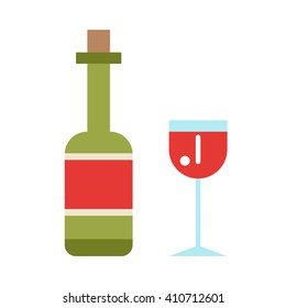Wine icon set flat style isolated on white background.  Wine bottle and wine glass vector illustration in flat style