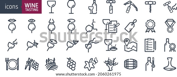 Wine icon set. Icons for\
professional wine tasting, savoring, looking, smelling, stirring.\
Wine industry icons. wineglasses and bottles. Vector\
illustration.