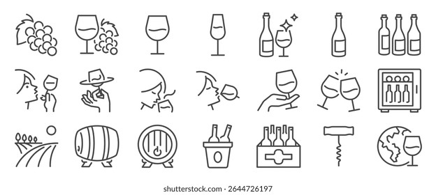 wine icon set. It included glass, bottle, sommelier, liquor, and more icons. Editable Vector Stroke.