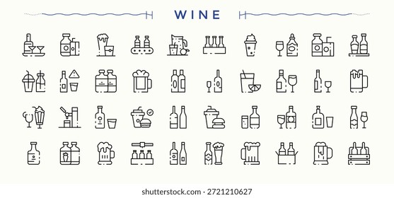 Conjunto de iconos de vino en estilo lineal. Contiene iconos tales como bebida, viñedo, copa de vino, celebración y más. Icono de la bebida. Colecciones de Vector minimalistas. Trazo editable. colección de Vector.