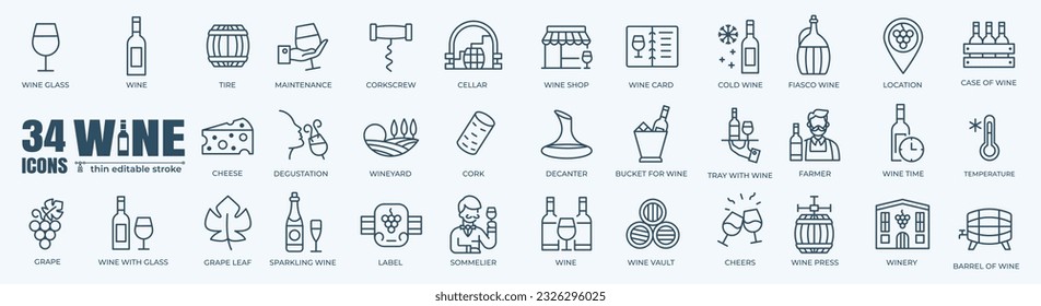 Wine icon set with stroke and white background. Thin line style stock of Grape, Glass, Barrel, Cheese, Vineyard icon. Design signs for restaurant menus, web pages, mobile apps and packaging. 