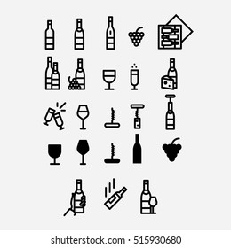 Wine icon set. Vector glass, corkscrew and grape. Bottle icons. Tasting wine