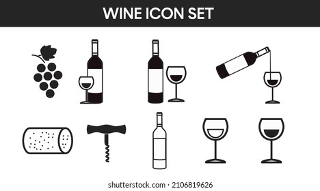 Wine Icon Set. Vector isolated set of wine related illustration like bottle, grapes, and cups