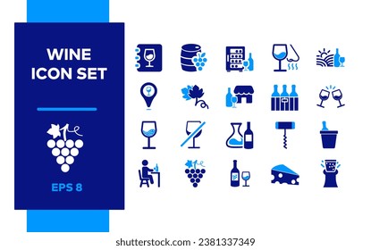 Wine icon set, Winery icons. Wine bottle, brewery, barrel. Alcoholic drinks, wine making, mini bar. Grape hub. 