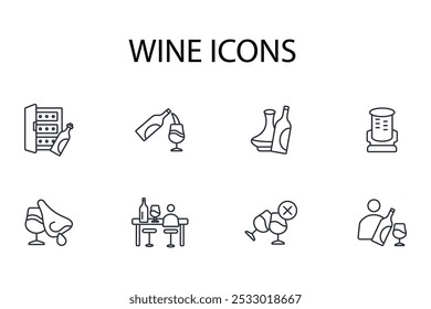 Conjunto de iconos de vino. Vector. Trazo editable. Signo de estilo lineal para uso Diseño web, logotipo. Ilustración de símbolo.