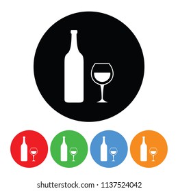 Wine icon in a vector circle wine glass & wine bottle sign or symbol with four color variations