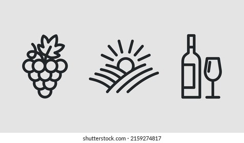 Wine icons. Cluster of grapes, sunset, wine bottle and glass icons isolated on grey background.  Icons for web design, app interface. Vector illustration