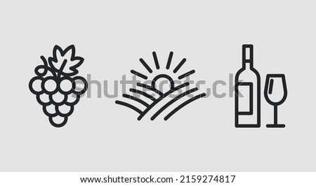 Wine icons. Cluster of grapes, sunset, wine bottle and glass icons isolated on grey background.  Icons for web design, app interface. Vector illustration