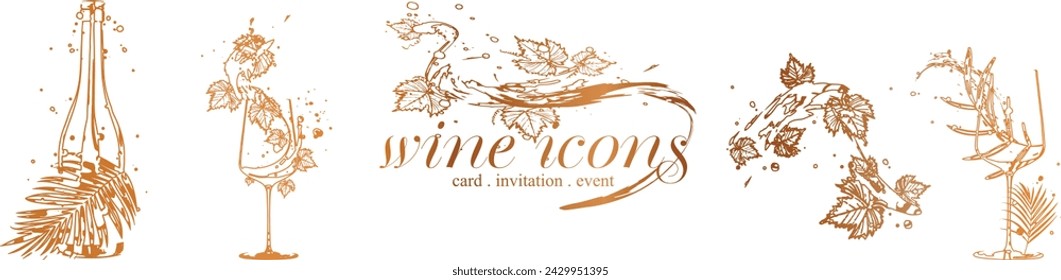 Wine icons - Collection of wine glasses and bottles. Elements for invitation cards, advertising banners and menus.	