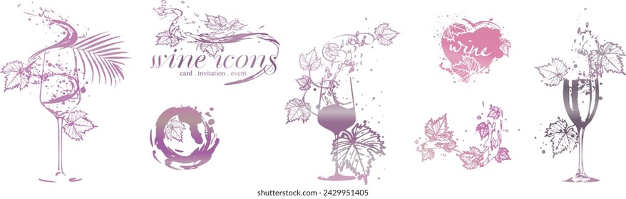 Wine icons - Collection of wine glasses and bottles. Elements for invitation cards, advertising banners and menus.	