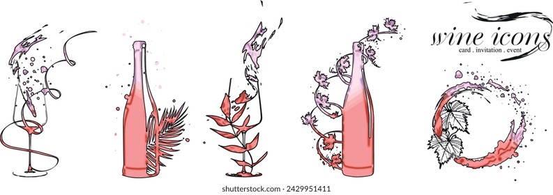 Wine icons - Collection of wine glasses and bottles. Elements for invitation cards, advertising banners and menus.	