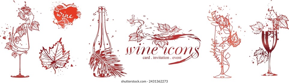 Wein Icons - Sammlung von Weingläsern und Flaschen. Elemente für Einladungskarten, Werbebanner und Menüs.	
